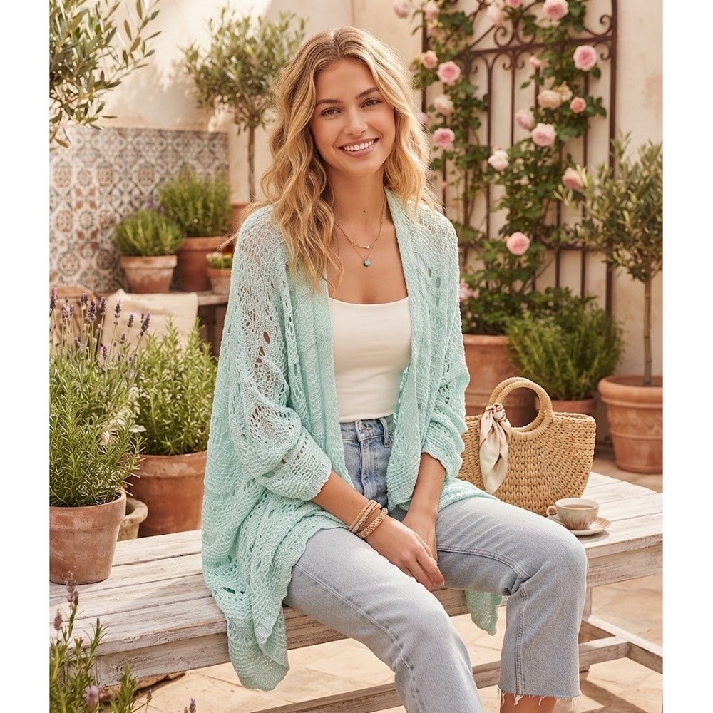 POL Cardigan Sweater Women Large Mint Green Open Knit Crochet Boho Chic Coastal